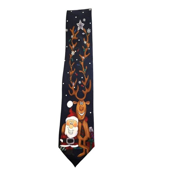 Christmas Santa Reindeer Tie 58" Black Graphics Poly Yule Tie Greetings Hallmark - Picture 2 of 7